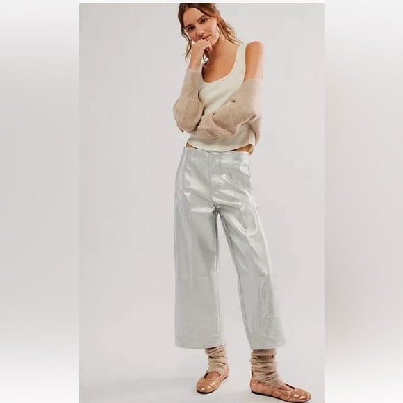 Free People Full Moon Vegan Gaucho Pants Wide Legs Metallic Leather Silver - Picture 1 of 6